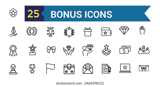 Bonus icons set. Outline set of bonus vector icons for ui design. Outline icon collection. Editable stroke.