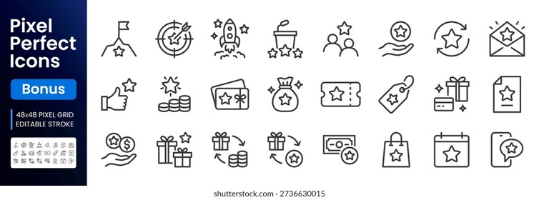 Bonus line icon set. Benefit gift, exclusive reward, star VIP award, ticket minimal vector illustrations. Simple outline signs, loyalty premium membership program. 48x48 Pixel Perfect. Editable Stroke