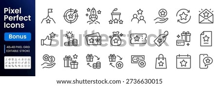Bonus line icon set. Benefit gift, exclusive reward, star VIP award, ticket minimal vector illustrations. Simple outline signs, loyalty premium membership program. 48x48 Pixel Perfect. Editable Stroke