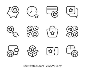 Bonus and Loyalty program vector line icons. Special points and  Reward star outline icon set. Membership system, Benefit, Collect coins, Gift bonus offer and more.