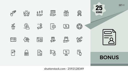 Bonus modern icons set. Contains linear outline icons like redemption, piggy, quality, special, discount, hand and more. Sign and Symbol. Vector icons editable stroke.