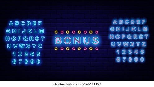 Bonus neon sign on brick wall. Casino concept. Shiny blue alphabet. Giveaway design. Internet gambling game. Surprise item. Winning idea. Glowing emblem on brick wall. Vector stock illustration