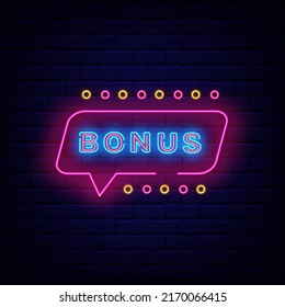 Bonus neon sign in speech bubblel. Casino and giveaway design. Jackpot concept on brick wall. Winning idea. Glowing emblem. Editable stroke. Vector stock illustration