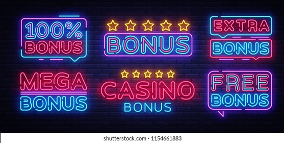 Bonus Neon Text collection Vector. Bonus Casino neon sign, design template, modern trend design, night neon signboard, night bright advertising, light banner, light art. Vector illustration