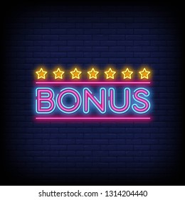 Bonus Neon Text Vector with a Brick Wall Background. Vector Illustration