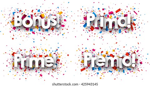 Bonus paper backgrounds with confetti, Spanish, Italian, French. Vector illustration.