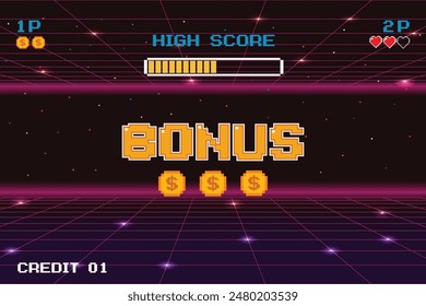 BONUS. pixel art .8 bit game. retro game. for game assets .Retro Futurism Sci-Fi Background. glowing neon grid. and stars from vintage arcade computer games