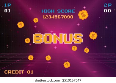 BONUS. pixel art .8 bit game. retro game. for game assets .Retro Futurism Sci-Fi Background. glowing neon grid. and stars from vintage arcade computer games