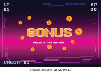 BONO. pixel art. juego de 8 bits. juego retro. para activos de juego. fondo de ciencia ficción de futurismo retro. rejilla de neón brillante. y estrellas de juegos de computadora arcade vintage