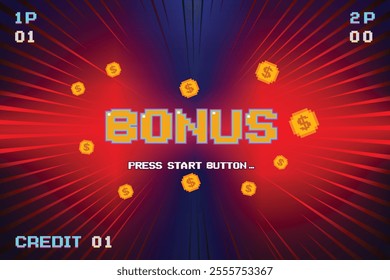 BONUS. pixel art .8 bit game. retro game. for game assets .Retro Futurism Sci-Fi Background. glowing neon grid. and stars from vintage arcade computer games