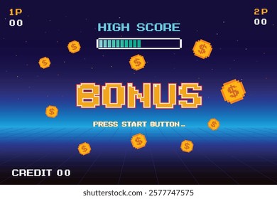 BONUS. pixel art .8 bit game. retro game. for game assets .Retro Futurism Sci-Fi Background. glowing neon grid. and stars from vintage arcade computer games