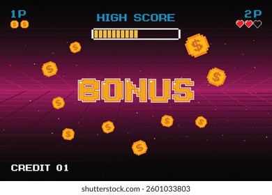 BONUS. pixel art .8 bit game. retro game. for game assets .Retro Futurism Sci-Fi Background. glowing neon grid. and stars from vintage arcade computer games