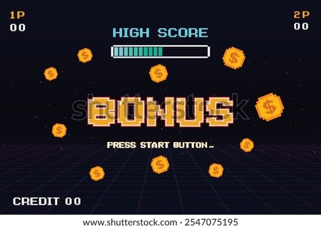 BONUS. pixel art .8 bit game. retro game. for game assets .Retro Futurism Sci-Fi Background. glowing neon grid. and stars from vintage arcade computer games