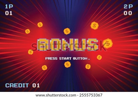 BONUS. pixel art .8 bit game. retro game. for game assets .Retro Futurism Sci-Fi Background. glowing neon grid. and stars from vintage arcade computer games