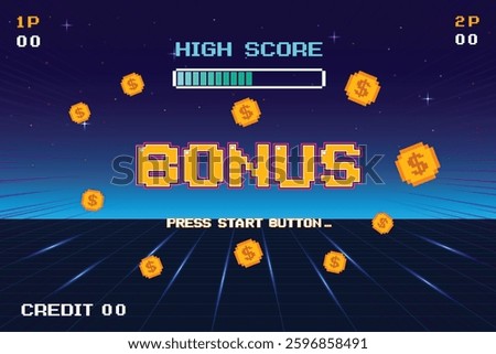 BONUS. pixel art. 8 bit game. Retro Futurism Sci-Fi Background. glowing neon grid. and stars from vintage arcade computer games