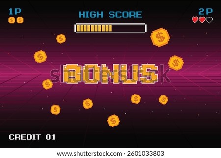 BONUS. pixel art .8 bit game. retro game. for game assets .Retro Futurism Sci-Fi Background. glowing neon grid. and stars from vintage arcade computer games