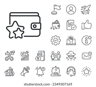 Bonus points. Salaryman, gender equality and alert bell outline icons. Loyalty program line icon. Discount wallet symbol. Loyalty program line sign. Spy or profile placeholder icon. Vector