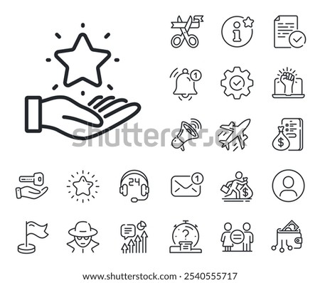 Bonus points. Salaryman, gender equality and alert bell outline icons. Loyalty program line icon. Discount star symbol. Loyalty program line sign. Spy or profile placeholder icon. Vector