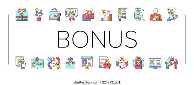 Bonus Present Of Sales Collection Icons Set Vector. Bonus Gift Box For Customer And Card, Contract And Flyer, Label Sale And Online Phone Application Concept Linear Pictograms. Contour Illustrations