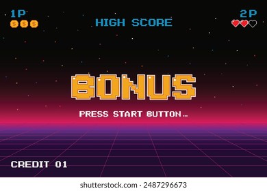 BONUS. presione el Botón de inicio. pixel art juego de .8 bits. juego retro. para activos del juego. Fondo de ciencia ficción de futurismo retro. cuadrícula de neón brillante. y estrellas de juegos de computadora arcade vintage