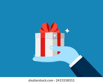Bonus prize. Big hand gives a gift box. vector 