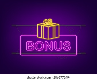 Bonus for promotion design. Neon icon. Discount banner promotion template. Web template for marketing promo design. Vector stock illustration