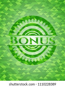 Bonus realistic green emblem. Mosaic background