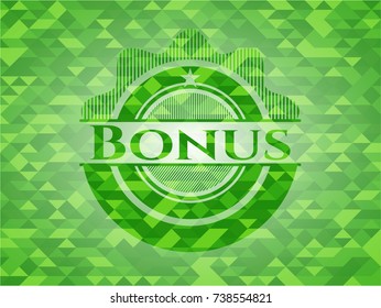 Bonus realistic green emblem. Mosaic background