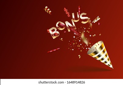 Bonus. Red And Gold Party Popper With Exploding Confetti Particles Isolated On A Red Background. Vector Illustration Of A Holiday.