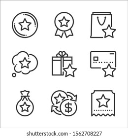 Bonus related bold line icon set. The set is about exchange, currency, feedback, award, customer, gift, bonus, coupon, vector, editable stroke, line, outline.