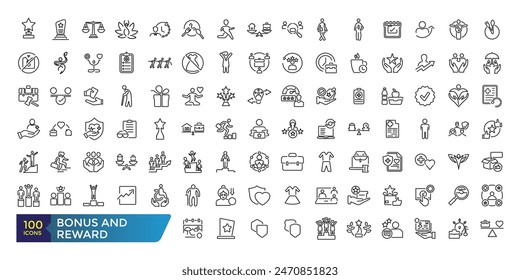 Bonus and reward icon set. Related to loyalty, benefit and prize outline icons. Collection and pack of linear web and ui icons. Editable stroke. Vector illustration