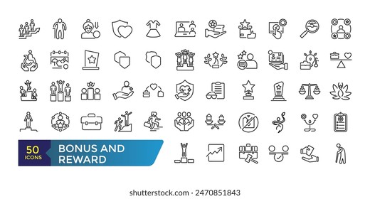 Bonus and reward icon set. Related to loyalty, benefit and prize outline icons. Collection and pack of linear web and ui icons. Editable stroke. Vector illustration