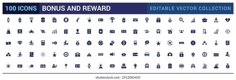 Bonus and reward icon set. Related to loyalty, benefit and prize filled icons. Filled icon set, glyph icon set for web and ui. Editable stroke. Solid icon set. Vector illustration.