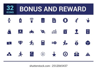 Bonus and reward icon set. Related to loyalty, benefit and prize filled icons. Filled icon set, glyph icon set for web and ui. Editable stroke. Solid icon set. Vector illustration.