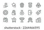 Bonus, reward, loyalty, benefit and prize related pixel perfect outline icons set vector illustration.