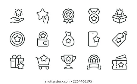 Bonus, reward, loyalty, benefit and prize related pixel perfect outline icons set vector illustration.