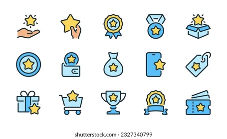 Bonus, reward, loyalty, benefit and prize related pixel perfect color and  outline icons set vector illustration.