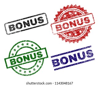 BONUS seal prints with damaged surface. Black, green,red,blue vector rubber prints of BONUS caption with grunge surface. Rubber seals with round, rectangle, medal shapes.