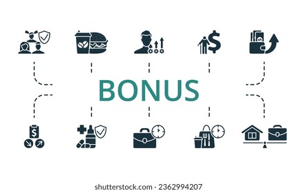 Bonus set. Iconos creativos: seguridad social, alimentación y bebidas, desarrollo de aptitudes, pensiones, aumento de sueldo, opciones de compra de acciones, seguro de salud, horas de trabajo, descanso para comer, equilibrio de vida laboral.