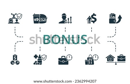 Bonus set. Creative icons: social security, food and beverage, skills development, pension, pay raise, stock options, health insurance, working hours, meal break, work life balance.