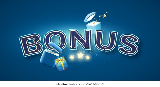 Bonus sign with neon light, hift boxes and shining stars. Win design