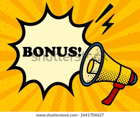 Bonus speech bubble. Megaphone, lightning, speech burst, sound lines, pop art style, loudspeaker, public speaking, yellow background, expression, voice, alert, broadcast