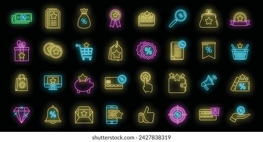 Bonus star icons set. Outline set of bonus star vector icons neon color on black