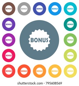 Bonus sticker flat white icons on round color backgrounds. 17 background color variations are included.