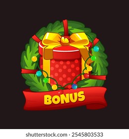 Bonus Symbol for Christmas themed slot machines. Merry Christmas icon or symbol for your game assets. Christmas wreath and gift box icon.