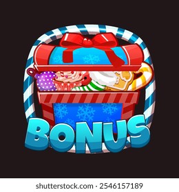 Bonus Symbol for Christmas themed slot machines. Merry Christmas icon or symbol for your game assets. Candy frame and Christmas chest icon