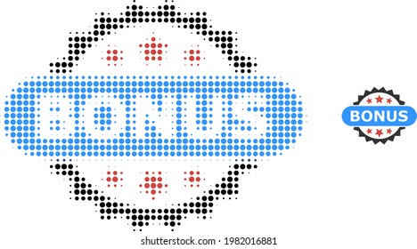 Bonus tag halftone dot icon illustration. Halftone pattern contains circle elements. Vector illustration of bonus tag icon on a white background. Flat abstraction for bonus tag pictogram.