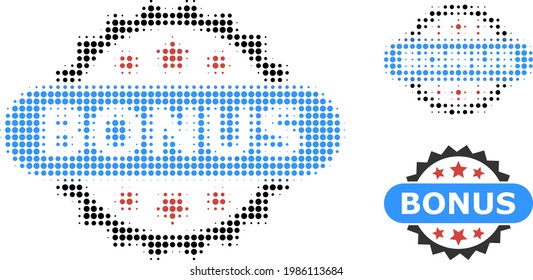 Bonus tag halftone dotted icon. Halftone array contains round dots. Vector illustration of bonus tag icon on a white background.