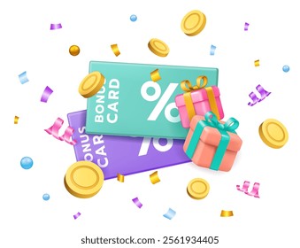 Bonus ticket. 3D coupon. Gift voucher. Discount percent. Gold coins. Present boxes and confetti. Render color cashback certificate. Marketing win promo. Holiday sale lottery. Vector promotion banner