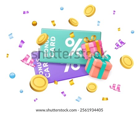 Bonus ticket. 3D coupon. Gift voucher. Discount percent. Gold coins. Present boxes and confetti. Render color cashback certificate. Marketing win promo. Holiday sale lottery. Vector promotion banner